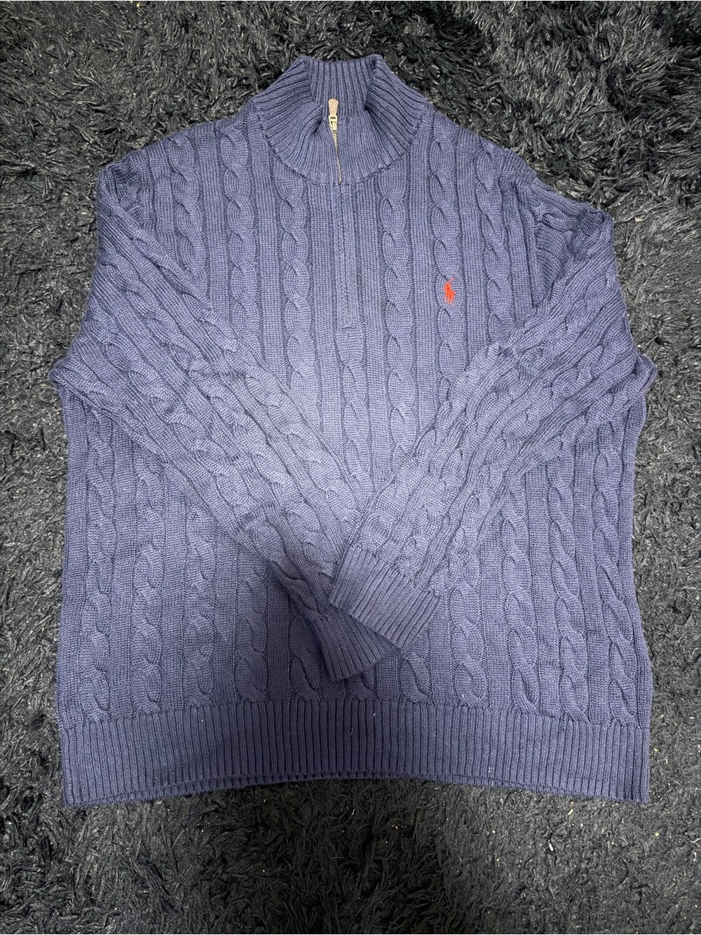 Polo Ralph Lauren Navy Cable-Knit Quarter-Zip Sweater with Red Pony